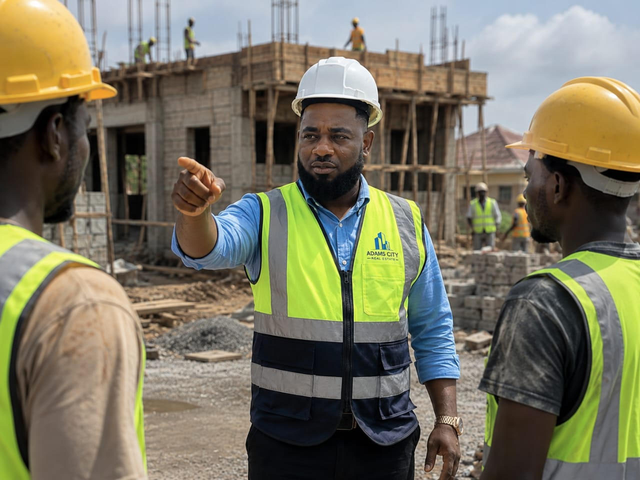 Adams Kwaku Ofori directing works on a Kumasi build site